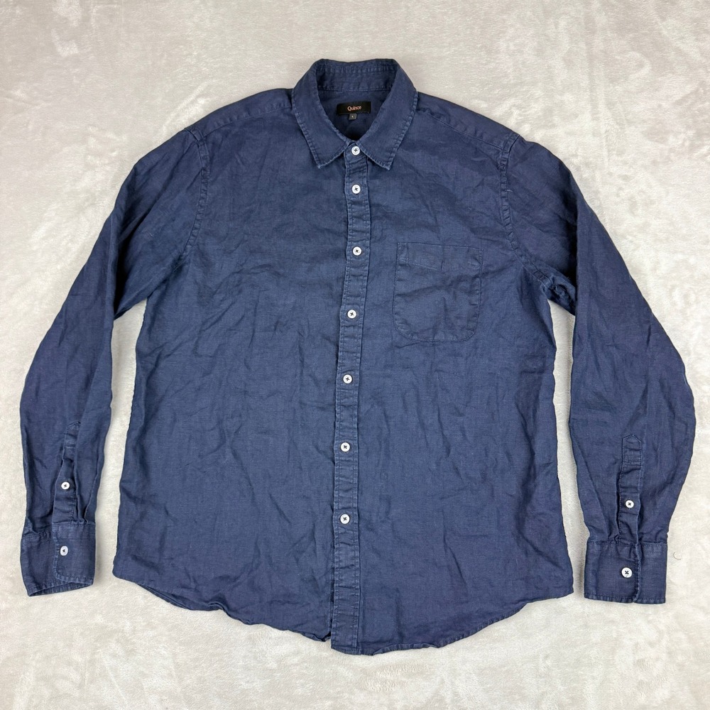 Quince Shirt Mens Large Navy Blue Linen Button Down Long Sleeve Coastal Preppy